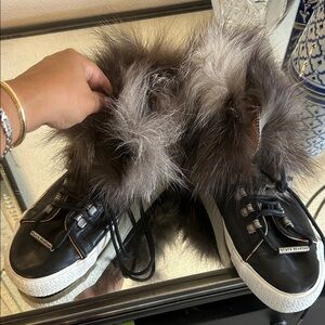 Black DioNiso Black Leather and Gray Fox Fur-Trimmed Women's Sneakers 39